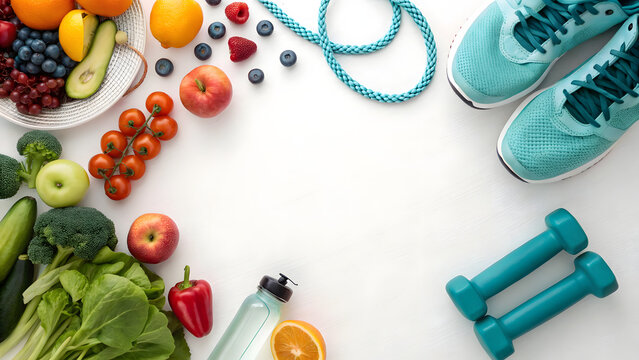 Produce and fitness gear border, white center copy space