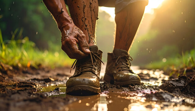Muddy Hiker Tying Brown Leather Boots on Rural Trail with Sunlight - Powered by Adobe