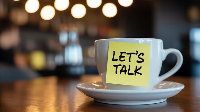 A white coffee cup with a bright yellow sticky note that says lets talk attached to it set on a saucer with a blurred background of warm lights