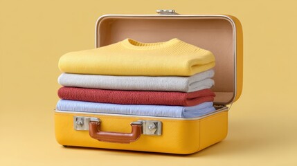 Cozy Sweaters Packed Neatly in a Vintage Yellow Suitcase for Travel and Adventure
