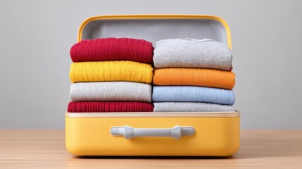 Neatly Folded Colorful Clothes in Yellow Suitcase on Wooden Surface