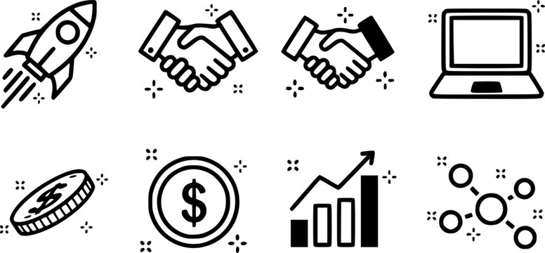 Startup essentials collection: rocket, handshake, laptop, coin, chart, network icons for design projects
