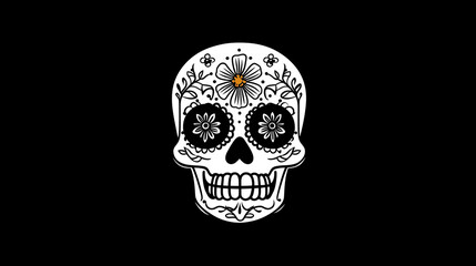 Obraz premium A minimalist outline of a sugar skull with marigold flower accents, set on a monochrome background. Day of the Dead