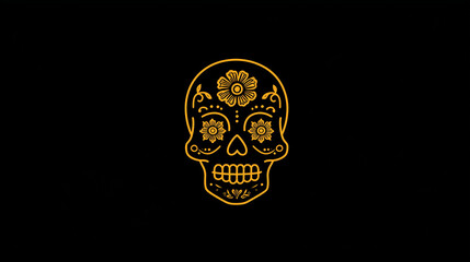 A minimalist outline of a sugar skull with marigold flower accents, set on a monochrome background. Day of the Dead