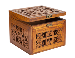 Antique Wooden Puzzle Box Front View with Open Maze Lid, isolated transparent background PNG
