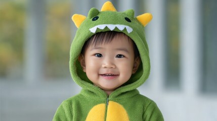 Adorable young child in dinosaur costume smiling cheerfully outdoors in bright colorful setting with greenery in background