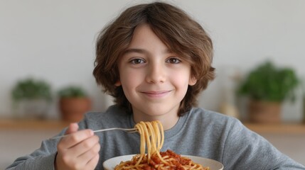 Happy boy enjoying plate of spaghetti with tomato sauce in modern kitchen environment, full of joy and excitement for mealtime