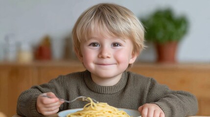 Happy Little Child Enjoys Delicious Plate of Spaghetti with Smiling Face and Joyful Expression at Home Kitchen Table