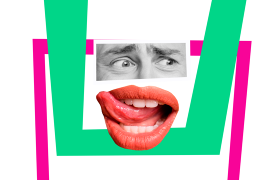 Creative photo collage face fragment eyes tongue lick tasty yummy delicious afraid emotion expression frustrated scared man - Powered by Adobe