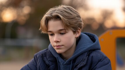 Thoughtful boy sitting on a playground during golden hour, capturing emotions and introspection in a serene outdoor setting
