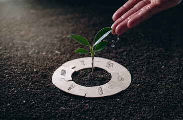 Hand Watering Young Plant Surrounded by Renewable Energy Puzzle Pieces on Soil