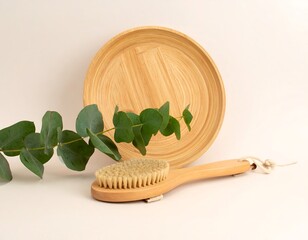 Wooden bath brush and tray with eucalyptus sprig