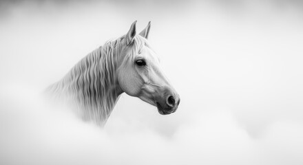 A majestic white horse, its flowing mane and serene expression capturing the beauty and grace of the animal. The image has a soft, ethereal quality, creating a captivating and evocative visual.