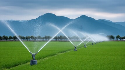 Irrigation System in a Lush Green Rice Field with Mountains in the Background Under Cloudy Sky