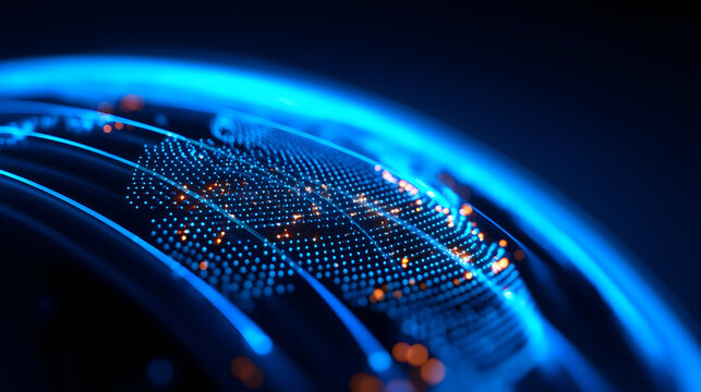 A digital globe with blue network lines and orange dots representing data connections and technology