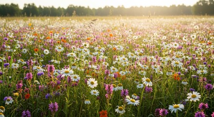 A vibrant meadow awash in a warm, golden glow, dotted with a dazzling array of wildflowers, including daisies, chamomile, and rich purple blooms, creating a serene and picturesque scene.