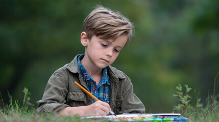 Young Child Engaged in Outdoor Painting Activity Surrounded by Nature in a Tranquil Setting
