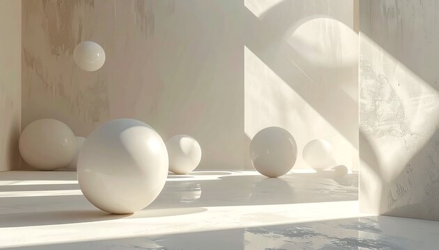White spheres in sunlit, minimalist room - Powered by Adobe