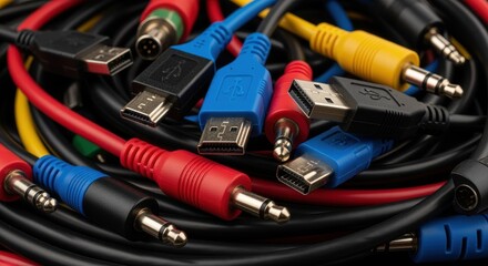 Tangled array of colorful cables and connectors, including USB, HDMI, and audio jacks, showcasing the complexity of modern technology.