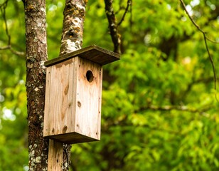 Wooden birdhouse on a tree trunk