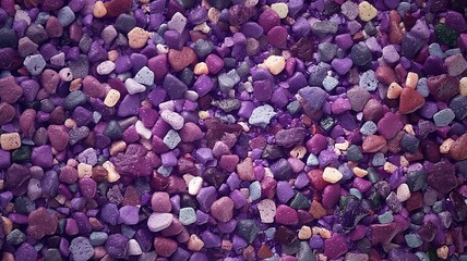 Close up abstract texture of small tumbled multi colored pebbles and gravel in shades of purple and pink