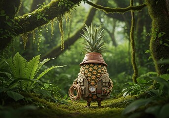 A pineapple character dressed as an adventurer with a hat and backpack, standing in a lush, green jungle with vines and trees