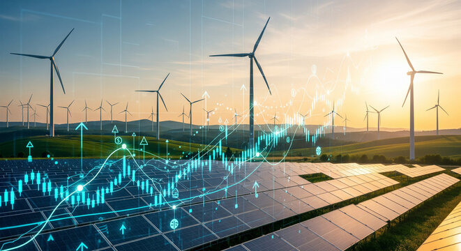 Modern renewable energy industry combined with futuristic financial analytics showing clean energy investment opportunities and growth.