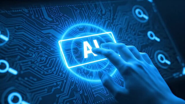 Artificial Intelligence Concept Hand Tapping AI Letter on Circuit Board Background Futuristic Technology Innovation