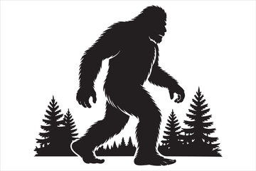Fototapeta premium Bigfoot Silhouette Walking in Dark Forest Vector