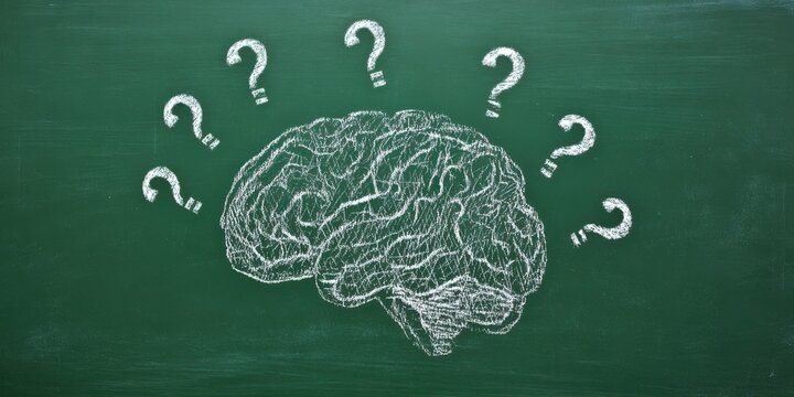 Chalk Drawing of Brain Surrounded by Question Marks on Green Chalkboard mind thinking