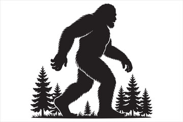 Fototapeta premium Bigfoot Silhouette Walking in Dark Forest Vector