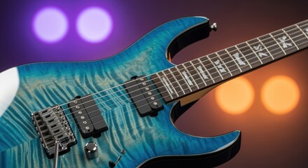 Naklejka premium Vibrant blue and turquoise electric guitar with a sleek, modern design. Features a distinctive body shape, black pickguard, and high-quality tremolo system for versatile musical expression.