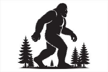 Fototapeta premium Bigfoot Silhouette Walking in Dark Forest Vector