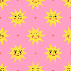 Sun with a woman face and heart cheeks seamless pattern, background. Cartoon hand-drawn illustration