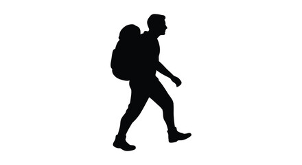 A man walking with a large backpack on his shoulders silhouette