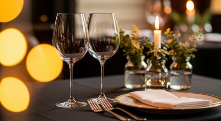 Festive holiday table setting with wine glasses, plates, and floral centerpiece. Warm lighting creates cozy, inviting atmosphere for a special celebration.