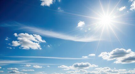 Bright, sunny day with clear blue sky and fluffy white clouds. Sun's rays illuminate the warm, inviting natural landscape, suitable for travel, weather, or environmental imagery.