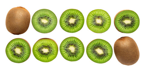 Top View of Fresh Whole and Sliced Kiwifruits on Transparent Background
Symmetrical Arrangement of Brown Whole Kiwis and Green Sliced Kiwis Isolated
