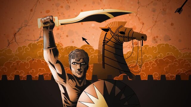 achilles on the walls of troy shouting with trojan horse behind