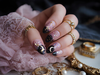Opulent Nail Art: Floral Design with Decorative Accents