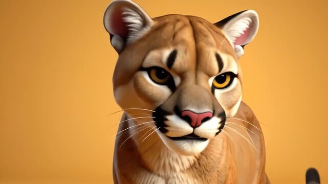 Close-up of a cartoon cougar, facing forward, set against a plain orange background.  The cougar has large, expressive eyes, a prominent nose, and detailed fur. Its ears are up and forward