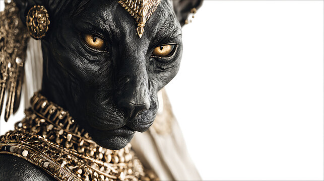Close up of bastet statue isolated on white background, egyptian goddess