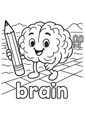 coloring book brain holding pencil, drawing activity cartoon for kids