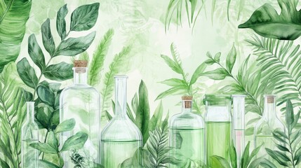 Green Watercolor Leaves and Laboratory Illustration' can be rephrased as 'Illustration of Green Leaves in Watercolor and Laboratory Setting