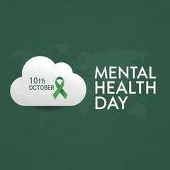 World mental health day awareness graphic with a cloud icon and green ribbon symbolizing support and understanding for mental well being