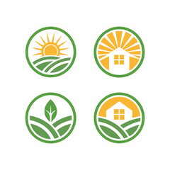 Four circular logos featuring farming and housing elements with sun and leaf motifs agriculture house