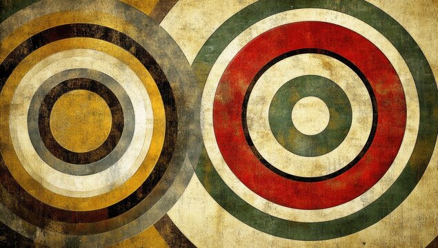 Concentric circles overlap, aged paper texture, earth tones