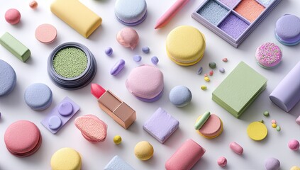 Pastel-colored makeup and treats, flat lay