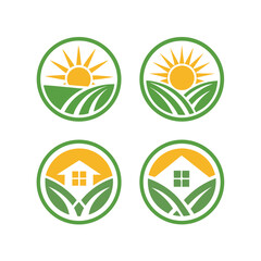 Four circular logos featuring sun and fields or house and leaves agriculture farm