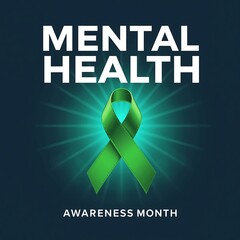 Green ribbon symbolizing mental health awareness month with glowing light rays against a dark background